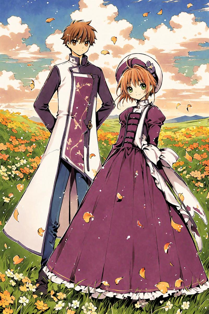 33646-1832958398-Tsubasa,_1girl,1boy,brown hair,kinomoto sakura,green eyes,outdoors,hat,sky,hetero,day,grass,flower,short hair,cloud,dress,couple.png